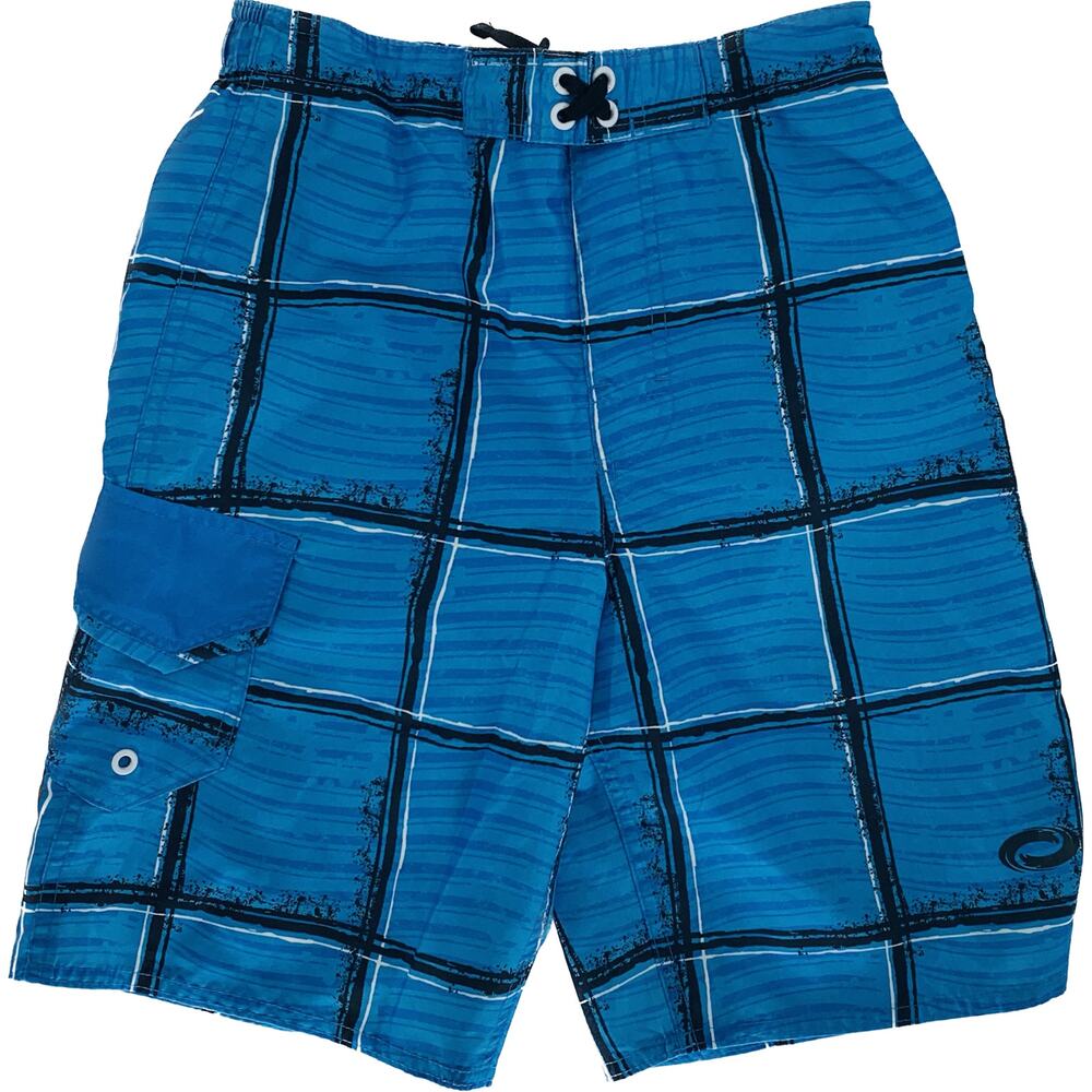 O Rageous Swim Trunks Boy S 14/16 L Blue Plaid Stripe Elastic & Tie Waist Pocket